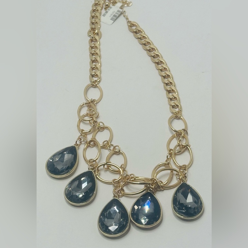 NWT GOLDTONE CHOKER  NECKLACE w/5 Diamond Shape FACETED FAUX Black SMOKEY Color
